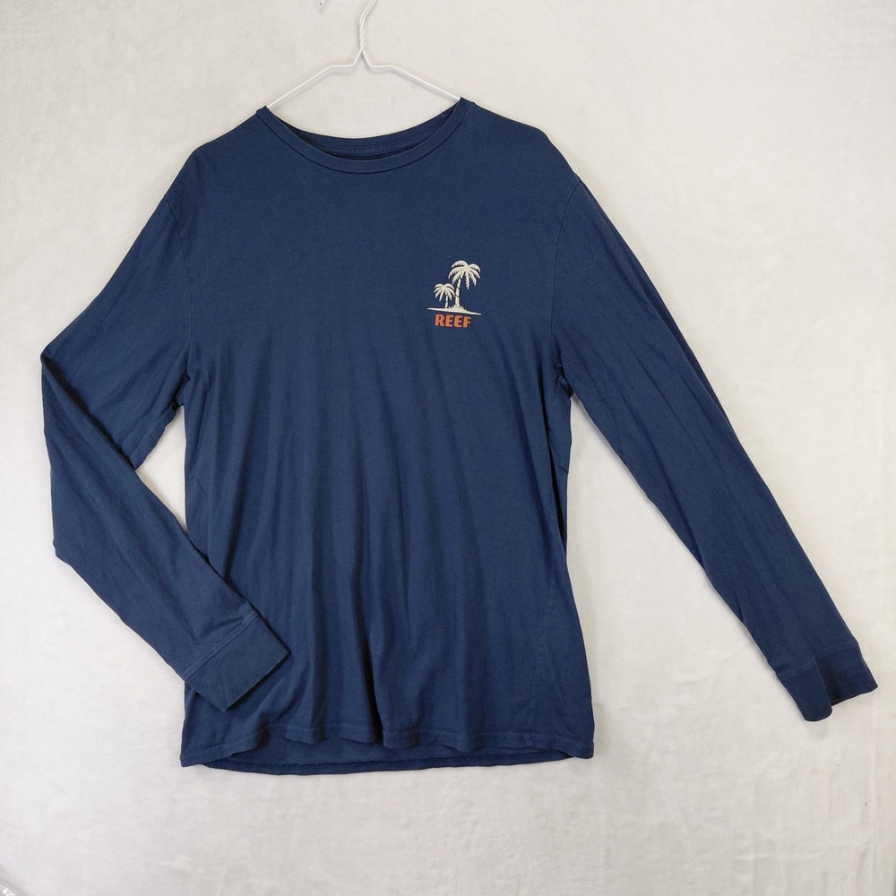Reef Mens Long Sleeve Surf Shop Graphic Tee Navy Blue Palm Tree Cotton Large